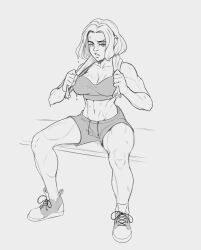 Rule 34 | 1girl, abs, breasts, cleavage, exercising, eyebrow piercing, highres, itch (itchy ears), large breasts, looking to the side, monochrome, muscular, muscular female, original, piercing, shoes, short hair, shorts, sitting, sketch, sneakers, solo, sweat, tank top, toned
