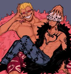 Rule 34 | 2boys, arm tattoo, black hair, blonde hair, chest tattoo, closed mouth, coat, denim, donquixote doflamingo, donquixote pirates jolly roger, earrings, edgegeno, evil grin, evil smile, facial hair, facial mark, feather coat, fur hat, goatee, grin, hand tattoo, hat, jeans, jewelry, looking at viewer, male focus, multiple boys, muscular, muscular male, navel, navel piercing, nipples, no shirt, one piece, pants, piercing, pink coat, short hair, shoulder tattoo, sitting, sitting on lap, sitting on person, smile, sunglasses, tattoo, trafalgar law, yaoi, yellow eyes