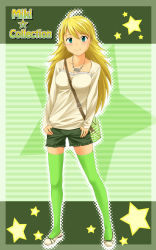 Rule 34 | 00s, 1girl, bag, between breasts, blonde hair, breasts, female focus, full body, green eyes, halftone, halftone background, hoshii miki, idolmaster, idolmaster (classic), long hair, nishi (count2.4), shorts, solo, strap between breasts, thighhighs