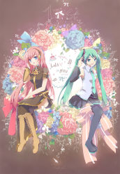 Rule 34 | 2girls, bad id, bad pixiv id, blue eyes, boots, detached sleeves, flower, green eyes, green hair, hatsune miku, headset, highres, kiina, knee boots, long hair, megurine luka, multiple girls, necktie, pink hair, sitting, skirt, thank you, thigh boots, thighhighs, twintails, valentine, very long hair, vocaloid, wreath