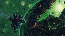 Rule 34 | absurdres, brush stroke, commentary, deep rock galactic, english commentary, green theme, highres, in orbit, joe duncan, no humans, outdoors, painterly, planet, spacecraft, star (sky), vehicle focus, vincent van gogh (style)