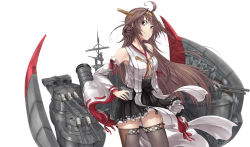 Rule 34 | 1girl, ahoge, armpits, bad id, bad pixiv id, bare shoulders, boots, brown hair, brown thighhighs, collarbone, commentary request, cowboy shot, detached sleeves, double bun, hair bun, hairband, hand on own hip, head tilt, headgear, highres, japanese clothes, kantai collection, kongou (kancolle), kongou kai ni (kancolle), long hair, looking at viewer, nontraditional miko, ribbon-trimmed sleeves, ribbon trim, smile, solo, thigh boots, thighhighs, thighs, weapon, zombie mogura