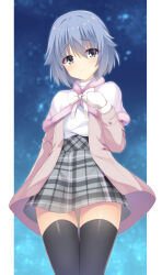 Rule 34 | 1boy, aria (koiiroharemoyou), black thighhighs, blue background, blue hair, blush, bow, capelet, casual, closed mouth, coat, commentary, cowboy shot, double-parted bangs, fur-trimmed capelet, fur trim, furrowed brow, gloves, gluteal fold, grey eyes, grey skirt, hair between eyes, highres, long sleeves, looking at viewer, miniskirt, pink coat, plaid, plaid skirt, riddle joker, shirt, short hair, simple background, skirt, smile, snowing, standing, suou kyouhei, thigh gap, thighhighs, thighs, trap, white bow, white capelet, white gloves, white shirt, winter, zettai ryouiki