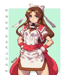 Rule 34 | 1girl, blue eyes, brown hair, closed mouth, earrings, farland saga, gloves, highres, jewelry, korean commentary, long hair, looking at viewer, mar10, skirt, smile, solo, white gloves