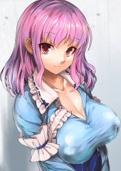 Rule 34 | 1girl, arm garter, blush, breasts, cleavage, closed mouth, collarbone, covered erect nipples, frilled shirt collar, frills, from side, highres, large breasts, long sleeves, looking at viewer, looking to the side, obi, pink hair, red eyes, saigyouji yuyuko, sash, sidelocks, smile, solo, touhou, umigarasu (kitsune1963), upper body