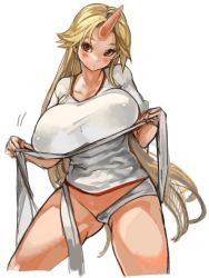 Rule 34 | 1girl, bandages, blonde hair, blush, breasts, covered erect nipples, horns, hoshiguma yuugi, huge breasts, large areolae, long hair, puffy nipples, red eyes, sachito, simple background, single horn, solo, touhou, very long hair, white background