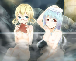 Rule 34 | 10s, 2girls, alternate hairstyle, bathing, blonde hair, blue hair, book, breasts, glasses, guranyto, i-19 (kancolle), i-8 (kancolle), kantai collection, large breasts, long hair, multiple girls, nipples, nude, partially submerged, star-shaped pupils, star (symbol), symbol-shaped pupils