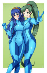 Rule 34 | 2girls, asymmetrical bangs, blue bodysuit, blue eyes, blue hair, blush, bodysuit, border, breasts, clenched hand, clenched teeth, commission, cosplay, couple, earrings, female focus, fire emblem, fire emblem: the blazing blade, fire emblem awakening, fire emblem heroes, green background, green eyes, green hair, grin, hair between eyes, hand on another&#039;s hip, hand up, high ponytail, hug, jewelry, latex, lindaroze, long hair, lucina (fire emblem), lyn (fire emblem), medium breasts, metroid, mole, mole under mouth, multiple girls, neck, nintendo, one eye closed, ponytail, samus aran, samus aran (cosplay), shiny clothes, side-by-side, skin tight, smile, super smash bros., teeth, tiara, v, white border, wink, yuri, zero suit