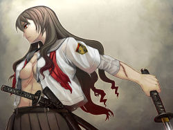 Rule 34 | 1girl, bandages, breasts, brown hair, itou (onsoku tassha), katana, large breasts, long hair, open clothes, open shirt, orange eyes, red eyes, scar, school uniform, shirt, skirt, solo, stitches, sword, torn clothes, weapon