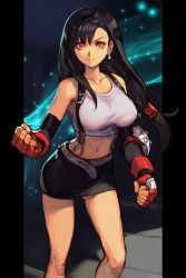 Rule 34 | 1girl, arms up, belt, black skirt, breasts, brown hair, clenched hands, collarbone, crop top, elbow gloves, final fantasy, final fantasy vii, fingerless gloves, gloves, hair between eyes, hungry clicker, large breasts, lifestream, long hair, looking at viewer, low-tied long hair, midriff, miniskirt, navel, pencil skirt, ponytail, red eyes, red gloves, simple background, skirt, smile, solo, square enix, stomach, suspender skirt, suspenders, swept bangs, tank top, tifa lockhart, white background