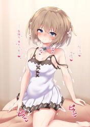 Rule 34 | 1boy, 1girl, arm behind back, bare legs, bare shoulders, blanc (neptunia), blue eyes, blush, breasts, brown hair, cleavage, cowgirl position, dress, girl on top, hair between eyes, hetero, highres, katade, medium hair, motion lines, neptune (series), pleated dress, sex, small breasts, smile, solo focus, spaghetti strap, straddling, strap slip, translation request, trembling, white dress