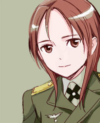Rule 34 | 1girl, aida yuu, long hair, military, military uniform, minna-dietlinde wilcke, red eyes, red hair, smile, solo, strike witches, uniform, world witches series