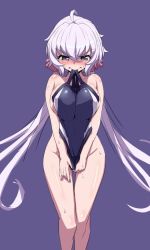 Rule 34 | 1girl, ahoge, bad id, bad twitter id, blue one-piece swimsuit, blush, breasts, unworn clothes, competition swimsuit, embarrassed, large breasts, light purple hair, long hair, looking at viewer, low twintails, lydian academy swimsuit, mouth hold, nude, one-piece swimsuit, purple eyes, school swimsuit, scrunchie, senki zesshou symphogear, shiny skin, simple background, solo, standing, swimsuit, twintails, uganda (ugandam 00), yukine chris