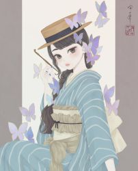 Rule 34 | 1girl, black ribbon, blue kimono, blue nails, boater hat, braid, brown eyes, brown hair, brown hat, brown sash, bug, butterfly, commentary request, cowboy shot, frilled sash, hair over shoulder, hat, hat ribbon, highres, holding, holding smoking pipe, insect, japanese clothes, kimono, kiseru, long hair, long sleeves, looking at viewer, nail polish, obi, obiage, obijime, original, outside border, parted lips, purple butterfly, ribbon, sash, seal impression, signature, sitting, smoking pipe, solo, striped clothes, striped kimono, ushiyama ame, vertical-striped clothes, vertical-striped kimono, white background, wide sleeves