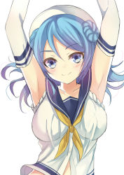 Rule 34 | 10s, 1girl, armpits, arms up, bad id, bad pixiv id, bare shoulders, blue eyes, blue hair, blush, breasts, double bun, elbow gloves, gloves, hair bun, harimoji, hat, kantai collection, large breasts, long hair, looking at viewer, pleated skirt, school uniform, serafuku, skirt, sleeveless, smile, solo, urakaze (kancolle), white background, white gloves, white hat