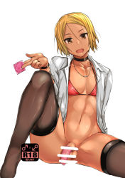 Rule 34 | 1boy, bar censor, blonde hair, bottomless, bra, bracelet, censored, chizuru (chizucoman), choker, condom, condom on penis, condom wrapper, jewelry, male focus, mars symbol, navel, necklace, open clothes, open shirt, penis, content rating, shirt, solo, spread legs, testicles, thighhighs, trap, underwear, white background, yellow eyes