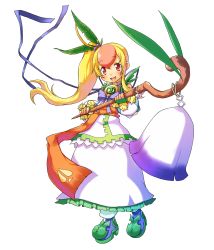 Rule 34 | 1girl, absurdres, bell, blonde hair, blue ribbon, dress, fingerless gloves, full body, gloves, green gloves, hair ribbon, high heels, highres, holding, holding weapon, kanatarou, long hair, mell mail, multicolored hair, official art, orange hair, ponytail, ribbon, shepherd&#039;s crook, side ponytail, solo, transparent background, trouble witches, trouble witches neo, weapon, white dress