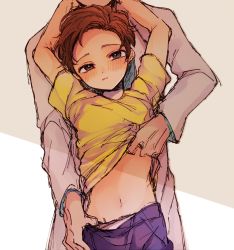 Rule 34 | 2boys, animification, blush, brown hair, clothes lift, grandfather and grandson, highres, incest, lab coat, male focus, morty smith, multiple boys, navel, noko6, rick and morty, rick sanchez, shirt, shirt lift, short hair, solo focus, underwear, yaoi, yellow shirt