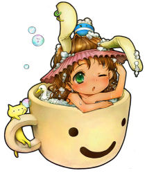 Rule 34 | 1girl, :o, animal ears, bathing, blush, brown hair, bubble, cat, child, cup, curly hair, green eyes, in container, in cup, kiro (an kilo), kiro (pixiv), long hair, lowres, nude, original, rabbit ears, rubber duck, shampoo hat, simple background, solo, wet, white background, wince