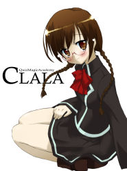 Rule 34 | 1girl, blush, bow, bowtie, braid, brown footwear, character name, clala, copyright name, glasses, hand on lap, highres, long hair, long sleeves, looking at viewer, minase shuu, quiz magic academy, red-framed eyewear, red bow, red bowtie, school uniform, seiza, shoes, sitting, solo, twin braids, white background