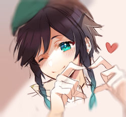 Rule 34 | 1boy, androgynous, beret, black hair, blue hair, blurry, blush, braid, closed mouth, commentary, english commentary, genshin impact, gradient hair, green eyes, green hat, hat, heart, heart hands, kokyuu (youxiangzhou), looking at viewer, male focus, multicolored hair, one eye closed, shirt, short hair with long locks, simple background, smile, solo, symbol-only commentary, twin braids, venti (genshin impact), white background, white shirt