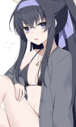 Rule 34 | 1girl, bags under eyes, bikini, bikini under clothes, black bikini, black hair, blue archive, blue bow, blue hairband, blush, bow, breasts, collarbone, commentary request, feet out of frame, grey jacket, hair between eyes, hair bow, hairband, halo, highres, jacket, knees up, long hair, long sleeves, looking at viewer, medium breasts, navel, off shoulder, open clothes, open jacket, open mouth, ponytail, purple eyes, sidelocks, sigh, simple background, sitting, sleeves past wrists, solo, swimsuit, swon (joy200892), ui (blue archive), ui (swimsuit) (blue archive), very long hair, white background