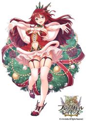 Rule 34 | 1girl, bow, brave girl ravens, breasts, capelet, christmas, cleavage, clothing cutout, elbow gloves, f-cla, full body, gloves, highres, large breasts, long hair, looking at viewer, navel, navel cutout, official art, outstretched arms, pinecone, red eyes, red hair, red ribbon, ribbon, shoes, skirt, smile, solo, spread arms, standing, standing on one leg, thigh strap, thighhighs, velvet (brave girl ravens), velvet falteus, white bow, white gloves, white skirt, white thighhighs, wreath