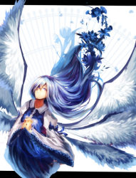 Rule 34 | 1girl, angel wings, bad id, bad pixiv id, blue eyes, blue hair, dress, flower, letterboxed, long hair, matching hair/eyes, misikano, multiple wings, nazoko, own hands clasped, own hands together, sariel (touhou), seraph, solo, touhou, touhou (pc-98), very long hair, wide sleeves, wings
