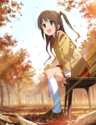 Rule 34 | 1girl, :d, arm support, autumn, autumn leaves, bench, blurry, blurry background, blush, bow, bowtie, brown eyes, brown footwear, brown hair, brown jacket, cloud, cloudy sky, day, falling leaves, from below, from side, furuyama itaru, half updo, highres, idolmaster, idolmaster cinderella girls, jacket, kneehighs, leaf, light rays, loafers, long hair, looking away, one side up, open mouth, outdoors, red bow, red bowtie, red skirt, school uniform, shimamura uzuki, shoes, skirt, sky, smile, socks, solo, white socks, wooden bench