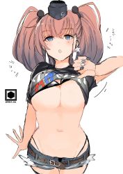 Rule 34 | 1girl, :o, absurdres, alternate costume, atlanta (kancolle), bad id, bad twitter id, belt, black bra, black panties, black shirt, blue eyes, blush, bra, breasts, brown belt, brown hair, clothes lift, clothes writing, denim, denim shorts, earrings, fujiyama ichiha, garrison cap, hat, headgear, highleg, highleg panties, highres, jewelry, kantai collection, large breasts, lifted by self, long hair, multicolored nails, nail polish, open mouth, panties, shirt, shirt lift, short shorts, shorts, simple background, single earring, solo, star (symbol), star earrings, t-shirt, two side up, underwear, white background