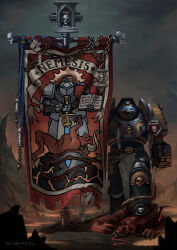 Rule 34 | 1boy, 1other, armor, armored boots, artist name, banner, bloodletter, blue eyes, boots, cloud, cloudy sky, death, demon, demon horns, full armor, full body, glowing, glowing eyes, grey knight, grey sky, hell, helmet, highres, horns, inquisition (warhammer), khorne, long tongue, looking at viewer, nordsol, outdoors, pauldrons, shoulder armor, skull ornament, sky, space marine, tongue, warhammer 40k