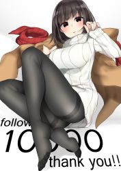 Rule 34 | 1girl, black hair, black pantyhose, blush, breasts, brown coat, buta tamako, coat, unworn coat, feet, highres, large breasts, legs, light smile, looking at viewer, milestone celebration, no shoes, original, pantyhose, parted lips, purple eyes, red scarf, ribbed sweater, scarf, unworn scarf, shadow, sleeves past wrists, solo, sweater, thank you, thighband pantyhose, thighs, turtleneck, turtleneck sweater