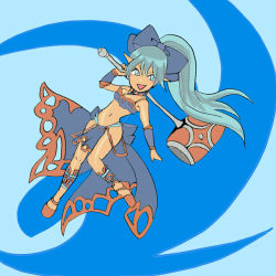 Rule 34 | 1girl, bikini, blue eyes, blue hair, bow, breasts, choker, commentary request, fang, full body, graphite (medium), hair ribbon, hammer, long hair, meru (dragoon), navel, open mouth, ponytail, ribbon, shoes, smile, solo, swimsuit, the legend of dragoon, traditional media, weapon, wrist cuffs