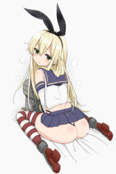 Rule 34 | 10s, 1girl, anchor, ass, black panties, blonde hair, blush, elbow gloves, flat chest, gloves, green eyes, hairband, highleg, highleg panties, kantai collection, long hair, looking at viewer, microskirt, midriff, miniskirt, mitsukazu (nijigen complex), open mouth, panties, rensouhou-chan, sailor collar, shimakaze (kancolle), simple background, skirt, solo, steam, striped clothes, striped thighhighs, sweatdrop, thighhighs, underwear, white gloves