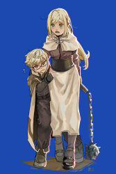 Rule 34 | 1boy, 1girl, acolyte (ragnarok online), black-framed eyewear, blonde hair, blue background, blue eyes, boots, brown capelet, brown footwear, brown pants, brown shirt, cape, capelet, chinese commentary, closed eyes, closed mouth, commentary request, dated commentary, flail, full body, glasses, highres, holding flail, long hair, long sleeves, looking at another, looking to the side, mage (ragnarok online), medium bangs, open mouth, pants, ragnarok online, shirt, shoes, short hair, simple background, standing, weapon, white cape, z.i