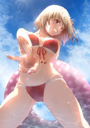 Rule 34 | 1girl, bikini, blonde hair, blue sky, breasts, fingernails, from below, front-tie bikini top, front-tie top, gluteal fold, grin, hair ribbon, head tilt, highres, holding, holding swim ring, innertube, large breasts, light particles, lilcat, looking at viewer, lycoris recoil, nail polish, navel, nishikigi chisato, outstretched arm, pink nails, red bikini, red eyes, red ribbon, reflection, reflective water, ribbon, short hair, skindentation, sky, smile, solo, swim ring, swimsuit, v, wet