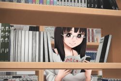 Rule 34 | 1girl, book, brown eyes, brown hair, commentary request, glasses, holding, holding book, indoors, library, long hair, looking down, manga (object), original, reading, rimless eyewear, smile, solo, yajirushi (chanoma)