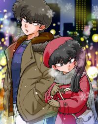 Rule 34 | 1boy, 1girl, bag, black hair, blurry, blurry background, blush, brown gloves, brown jacket, cityscape, coat, cold, fur-trimmed hood, fur-trimmed jacket, fur trim, gloves, grey eyes, grey scarf, grey undershirt, hair between eyes, hat, high side ponytail, highres, hood, jacket, kunou kodachi, kunou tatewaki, looking at another, looking to the side, open mouth, outdoors, pants, plaid, plaid scarf, plaid shirt, pointing, purple sweater, ranma 1/2, red coat, red hat, scarf, shirt, shopping, short hair, shoulder bag, siblings, signature, skyline, snow, snowflakes, snowing, sweater, wanta (futoshi), white pants, winter clothes, winter coat