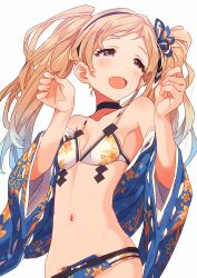 Rule 34 | 10s, 1girl, bad id, bad pixiv id, bikini, bikini under clothes, blonde hair, blush, choker, emily stewart, flat chest, hair ornament, highres, idolmaster, idolmaster million live!, japanese clothes, kimono, long hair, narumi arata, navel, open clothes, open mouth, purple eyes, sketch, solo, swimsuit, swimsuit under clothes, twintails, white background
