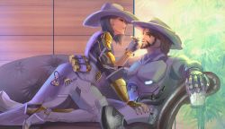 Rule 34 | 1boy, 1girl, alcohol, armor, ashe (overwatch), ayumaou, beard, black nails, boots, breastplate, brown hair, cassidy (overwatch), chair, chaps, cigar, couch, cowboy hat, day, drink, earrings, facial hair, girl on top, glass, hat, hetero, jewelry, knee pads, looking at another, mechanical arms, nail polish, overwatch, overwatch 1, pauldrons, red eyes, short hair, shoulder armor, silver hair, single mechanical arm, skull earrings, smoking, thigh boots, thighhighs