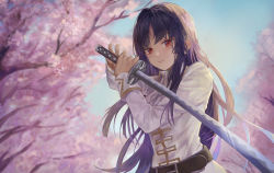 Rule 34 | 1girl, blue hair, blunt bangs, cherry blossoms, dark blue hair, gintama, highres, holding, holding sword, holding weapon, imai nobume, long hair, long sleeves, looking at viewer, military, military uniform, red eyes, smile, solo, sword, uniform, weapon, yumago