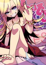 Rule 34 | 10s, 1girl, barefoot, blonde hair, blue eyes, bracelet, dress, earrings, feet, female focus, grin, jewelry, legs, long hair, middle finger, naughty face, necklace, panties, panty &amp; stocking with garterbelt, panty (psg), red dress, sitting, smile, smirk, soles, solo, strap slip, teeth, toes, underwear, yes-no pillow