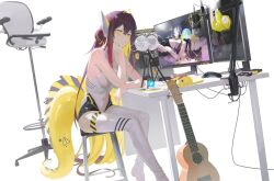 Rule 34 | 1girl, absurdres, ahoge, asmr, at computer, binaural microphone, blonde hair, boots, breasts, brown hair, cellphone, chair, colored inner hair, darr1o, eel girl, fins, fish tail, guitar, hair ornament, hand rest, highres, idol corp, instrument, juna unagi, keyboard (computer), large breasts, leotard, lightning bolt ahoge, looking at viewer, microphone, monitor, mouse (computer), multicolored hair, office chair, phone, second-party source, solo, star (symbol), star hair ornament, streaked hair, swivel chair, tail, thigh boots, thighhighs, virtual youtuber, white footwear, white leotard, white thighhighs, yellow eyes