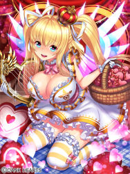 Rule 34 | 1girl, blonde hair, bow, bowtie, breasts, cleavage, crown, harp, harp of aengus (weapon girls), heart, heart-shaped pupils, instrument, large breasts, looking at viewer, open mouth, original, ribbon-trimmed clothes, ribbon-trimmed legwear, ribbon trim, solo, symbol-shaped pupils, twintails, weapon girls, yapo (croquis side)