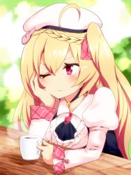 Rule 34 | 1girl, ;(, ahoge, azur lane, beret, blonde hair, blurry, blurry background, blush, braid, breasts, brooch, collared shirt, commentary request, crescent (azur lane), cup, eyebrows hidden by hair, green background, hair between eyes, hair ornament, hair ribbon, hand on own cheek, hand on own face, hat, highres, holding, holding cup, jewelry, kinokoshigure, long hair, long sleeves, looking away, medium breasts, mug, plaid, plaid ribbon, puffy long sleeves, puffy sleeves, rabbit hair ornament, red eyes, retrofit (azur lane), ribbon, shadow, shirt, sidelocks, sitting, solo, steam, table, tea, two side up, upper body, very long hair, white shirt