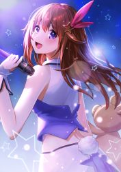 Rule 34 | 1girl, :d, absurdres, ankimo (tokino sora), blush, brown hair, commentary request, fake tail, hair ornament, hair ribbon, highres, holding, holding microphone, hololive, long hair, looking back, microphone, nemoto yuuma, open mouth, purple eyes, rabbit tail, ribbon, shirt, skirt, sleeveless, sleeveless shirt, smile, solo, star (symbol), star hair ornament, tail, tokino sora, tokino sora (1st costume), virtual youtuber, white skirt, wrist cuffs
