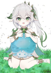 Rule 34 | 1girl, :d, absurdres, bare shoulders, braid, character request, commentary request, cross-shaped pupils, dress, genshin impact, green eyes, green hair, grey hair, hair ornament, highres, long hair, looking at viewer, multicolored hair, nahida (genshin impact), on grass, open mouth, pointy ears, sato art, side ponytail, simple background, sitting, sleeveless, sleeveless dress, smile, socks, stirrup legwear, streaked hair, symbol-shaped pupils, toeless legwear, very long hair, wariza, white background, white dress, white socks