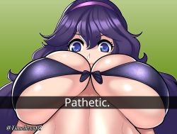Rule 34 | 1girl, blue eyes, breasts, closed mouth, creatures (company), english text, female focus, game freak, gradient background, green background, hair ornament, hairband, hex maniac (pokemon), highres, large breasts, lips, looking at viewer, looking down, meme, nintendo, pathetic (meme), pokemon, pokemon xy, purple hair, purple hairband, ringed eyes, shiny skin, simple background, solo, tareme, timeless-t, underboob, watermark