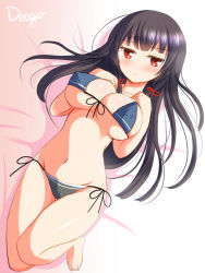 Rule 34 | 10s, 1girl, bikini, black hair, blush, breasts, deego (omochi bazooka), isokaze (kancolle), kantai collection, long hair, looking at viewer, red eyes, solo, swimsuit