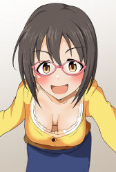 Rule 34 | 1girl, blush, breasts, brown eyes, brown hair, downblouse, glasses, gorohati, gradient background, hanging breasts, highres, idolmaster, idolmaster cinderella girls, kamijo haruna, large breasts, leaning forward, looking at viewer, no bra, open mouth, short hair, simple background, smile, solo